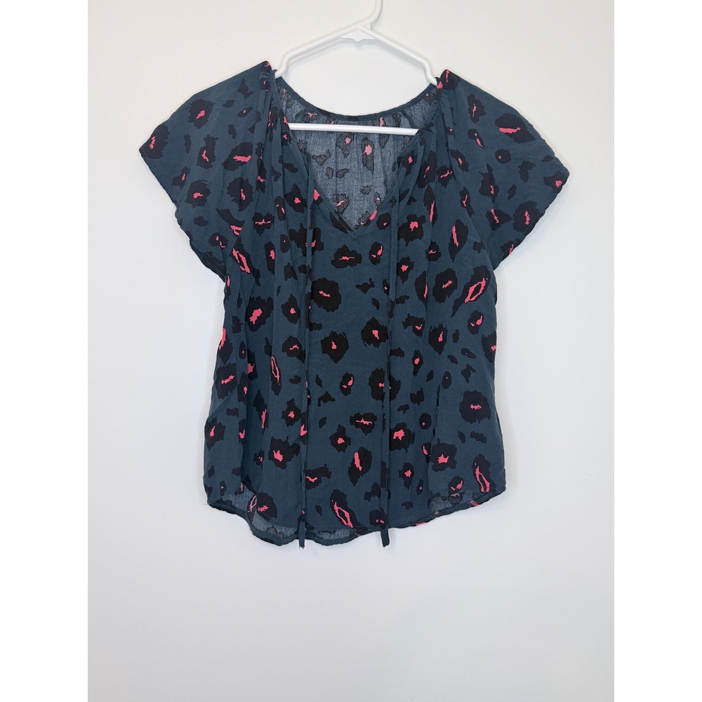 Shein Pink Animal Print V-Neck Tie Blouse Teal Small